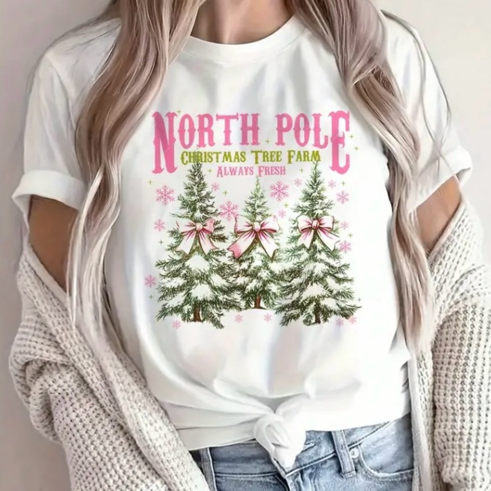“North Pole Christmas Tree Farm” Short Sleeve White T-shirt